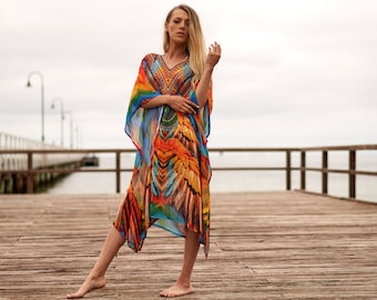 Kaftan de soie tendance pour femmes Long Caftan Resort Wear Vacation Beach Dress Boho Silk Dress Kaftan imprimé floral long silk kaftan CADEAU POUR ELLE