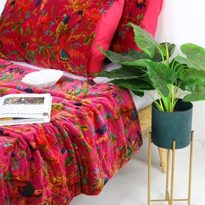 Velvet Kantha Quilt: Handmade Floral Patchwork Cotton Bedspread Gift For Her Him Birthday Anniversary