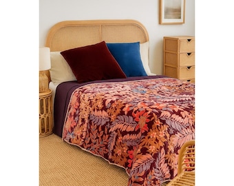 Luxury Velvet Quilt Embroidered Bedspread | Autumn Garden in Warm Rust | Wine Tones Gift For Her Him Birthday Anniversary