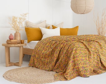 Handmade King Kantha Quilt: Block Print Cotton Bedspread, Bohemian Decor