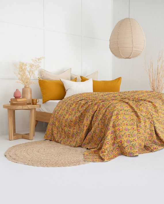 Kantha Quilt - Yellow Floral Block Print Cotton Blanket - Indian Boho Bedspread - Reversible Vintage Kantha Bed Throw Yellow Green Handmade
