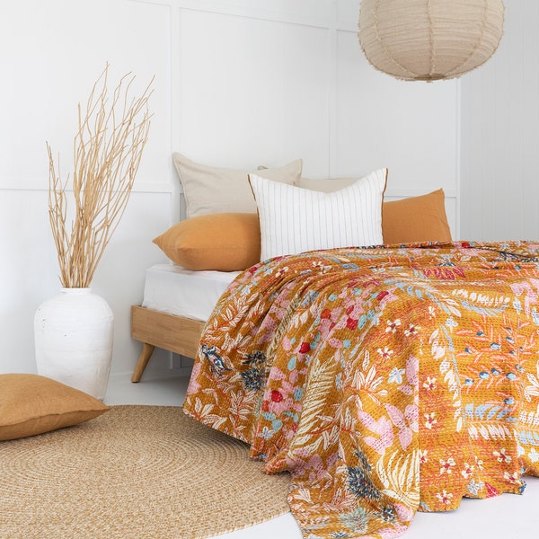 Edredón Kantha con estampado de bloques: colcha de algodón estilo bohemio tamaño king, regalo para ella, él, cumpleaños y aniversario.