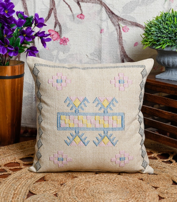 Handgetufteter Leinenkissenbezug: Boho Kissen (50 x 50 cm) Geschenk für Sie Geburtstag Jahrestag