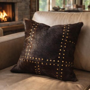 Studded Cowhide Leather Cushion Cover 40x40 | Premium Hide Front & Cotton Linen Back | Rustic Boho Throw Pillow