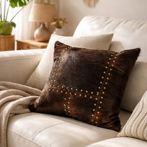 Studded Cowhide Leather Cushion Cover 40x40 | Premium Hide Front & Cotton Linen Back | Rustic Boho Throw Pillow image 2