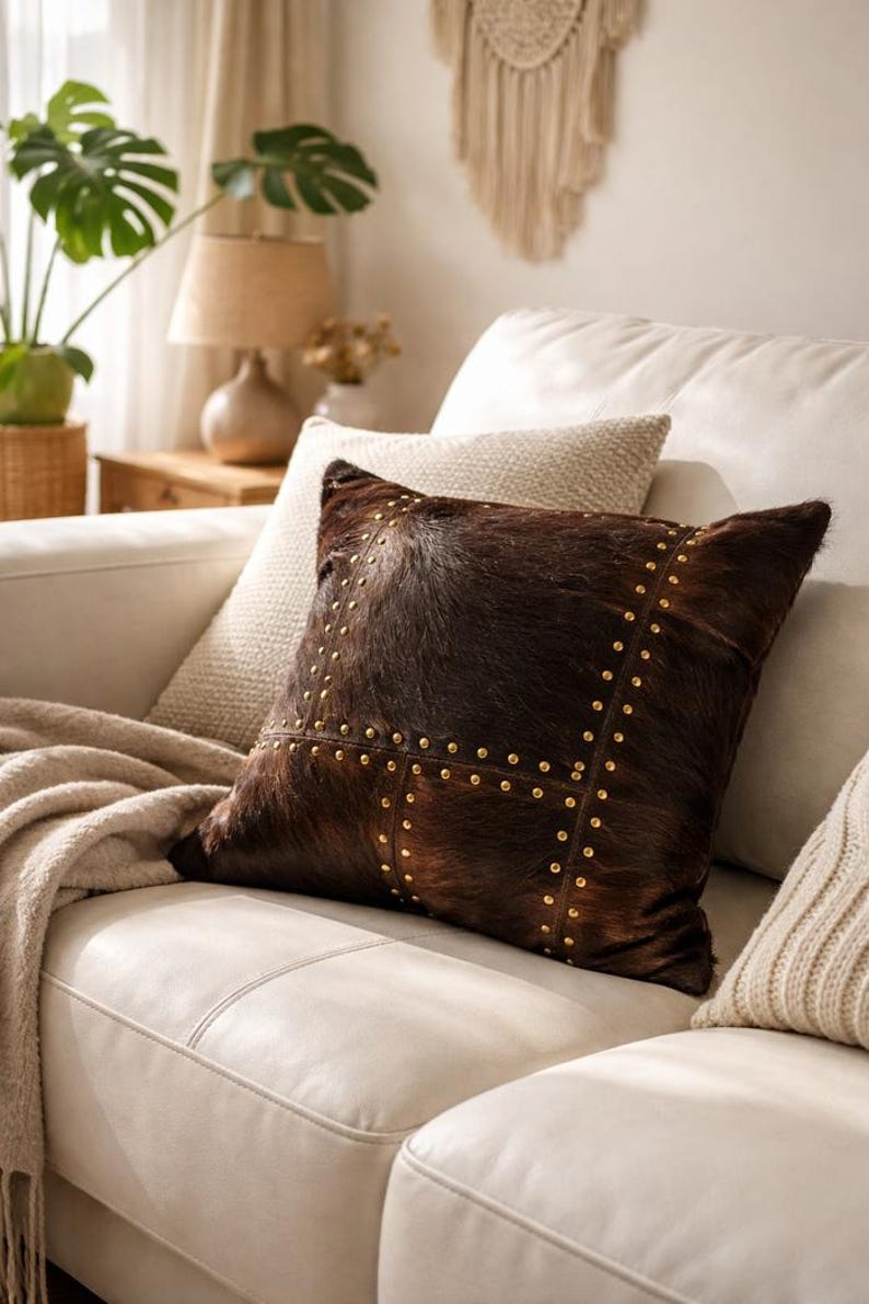 Studded Cowhide Leather Cushion Cover 40x40 | Premium Hide Front & Cotton Linen Back | Rustic Boho Throw Pillow image 2