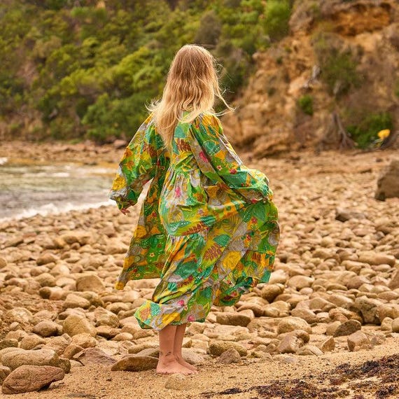 boho kimono dress Cotton Maxi Dress: Hand Screen-printed Wrap Gift for Her Him Birthday Anniversary Silk kimono