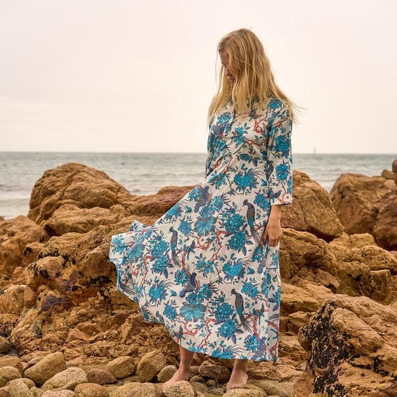 blue heron dress Blue Heron Cotton Maxi Dress: Hand Block Printed Boho Kimono Gift For Her Him Birthday Anniversary