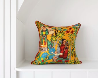 Mexican Painter Pillow Case, Frida Floral Decorative Cushion, Mexican Painter Art Garden Country Mexico Muertes Cushion Cover FRIDA MUSTARD