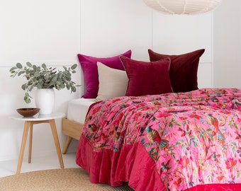 Velvet Frida Kantha Quilt Cotton Quilt Patchwork Quilt Handamade Floral Quilt Comforter Bedspread Blanket -Bird of Paradise Pink