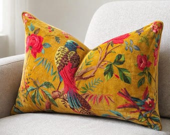 Bird Mustard Lumbar Cushion Cover 30x50cm | Cotton Velvet Decorative Pillow Cover for Sofa, Living Room & Bedroom