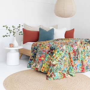 King Size Kantha Quilt: Block Print Bohemian Cotton Bedspread Gift For Her Him Birthday Anniversary