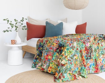 King Size Kantha Quilt: Block Print Bohemian Cotton Bedspread Gift For Her Him Birthday Anniversary