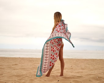Katoenen sarong met blokprint: boho strandsjaal, badpak bedekken cadeau voor haar hem verjaardag verjaardag