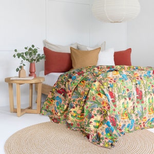 Kantha Quilt Indian Quilt Block Print Quilt Bedspread Bohemian Boho Cotton Throw Quilt Handmade Blanket Doona King Size