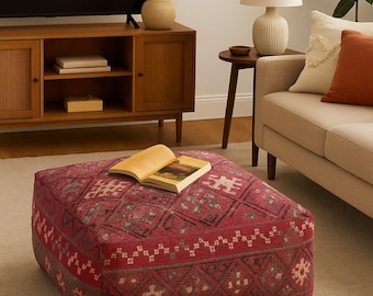 Moroccan Red Kilim Ottoman Cushion Cover | Cotton Floor Pouf 60x60x25cm