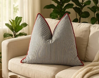 Striped Cotton Cushion Cover: Red Piping, Handmade in India Gift For Her Him Birthday Anniversary