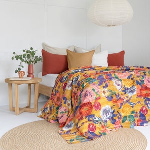 King Size Kantha Quilt: Block Print Bohemian Cotton Bedspread Gift For Her Him Birthday Anniversary