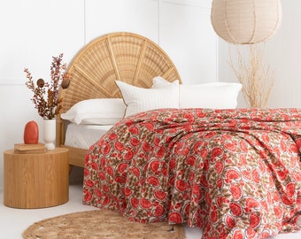 Handmade King Kantha Quilt: Block Print Cotton Bedspread Gift For Her Him Birthday Anniversary