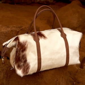 Real Cowhide Leather Duffle Bag Large Cowhide Travel Bag Tricolor Cowhide Patchwork Bag Brown Leather Weekender Gym Bag Overnight Bag