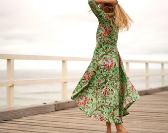 Cotton Boho Maxi Dress: Floral Kimono Wrap, Summer Style Gift For Her Him Birthday Anniversary