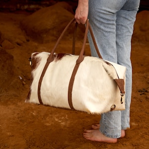 Real Cowhide Leather Duffle Bag Large Cowhide Travel Bag Tricolor Cowhide Patchwork Bag Brown Leather Weekender Gym Bag Overnight Bag