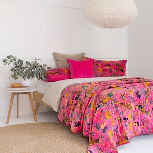 Velvet Kantha Quilt: Handmade Cotton Patchwork Bedspread - Birds of Paradise Gift For Her Him Birthday Anniversary