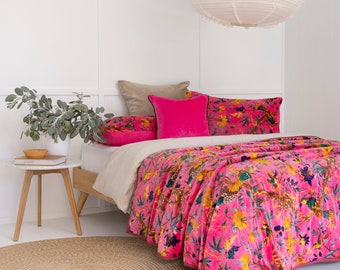 Velvet Kantha Quilt: Handmade Cotton Patchwork Bedspread - Birds of Paradise Gift For Her Him Birthday Anniversary