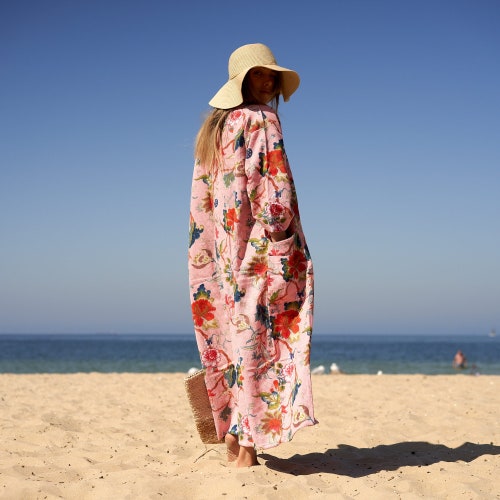 Peignoir kimono fleuri en coton gaufré : cadeau à imprimé oiseaux de paradis pour elle, lui, anniversaire de mariage