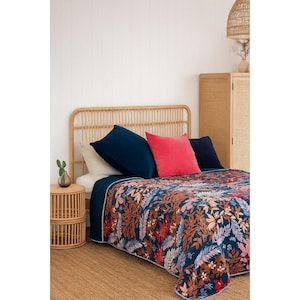 Tropical Garden Velvet Quilt | Colorful Birds & Flowers | Luxury Bedspread | Bohemian Botanical Bedding