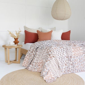 Handmade Block Print Kantha Quilt: King Size Bohemian Cotton Bedspread Gift For Her Him Birthday Anniversary