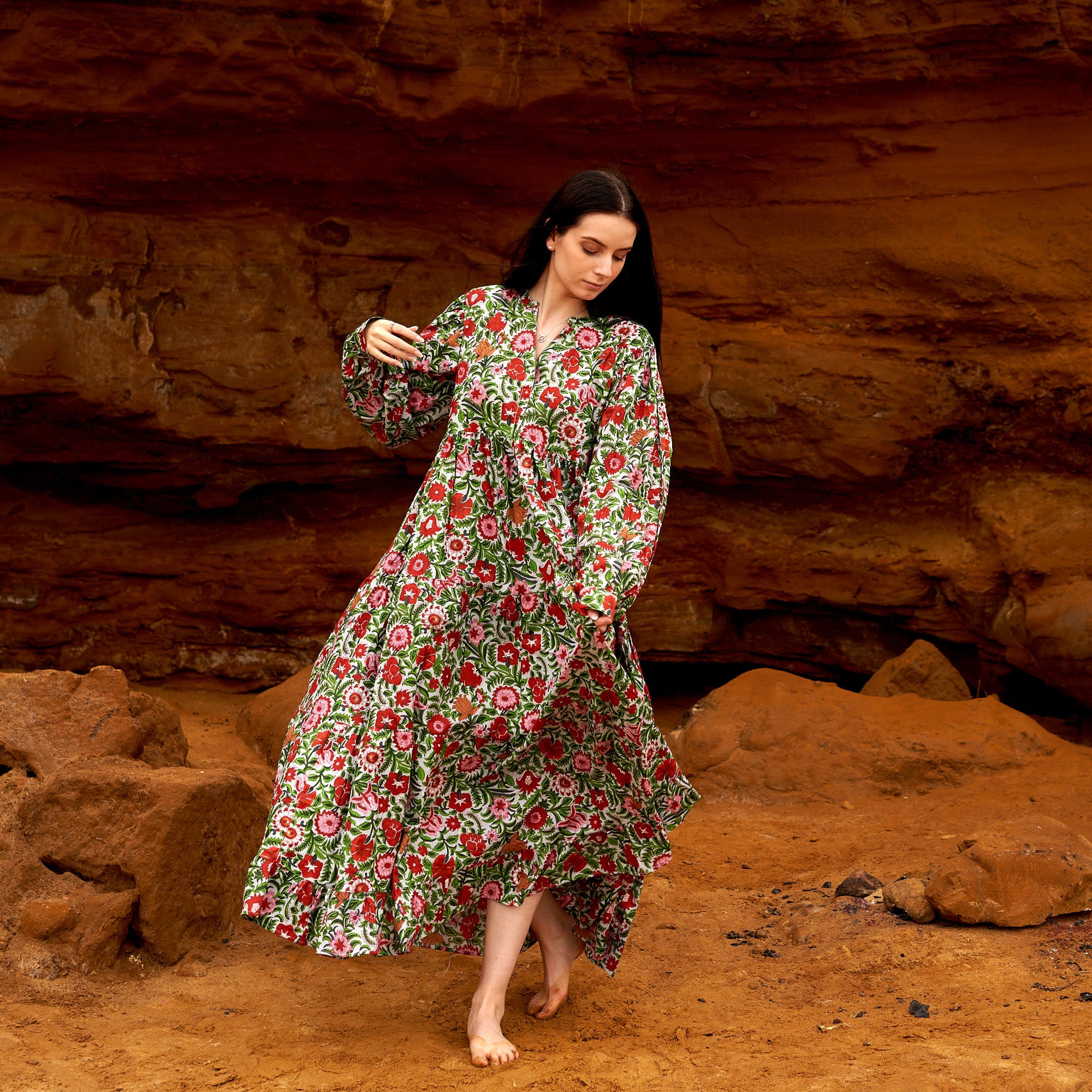 xiomara floral print long sleeve cotton dress lace midi mermaid dress Xiomara Beige & Gold Stripe Crochet Knit Mermaid Midi Dress XS / US 2
