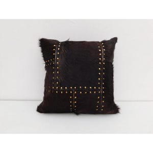 Studded Cowhide Leather Cushion Cover 40x40 | Premium Hide Front & Cotton Linen Back | Rustic Boho Throw Pillow image 4
