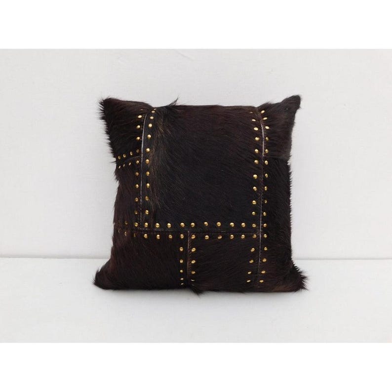 Studded Cowhide Leather Cushion Cover 40x40 | Premium Hide Front & Cotton Linen Back | Rustic Boho Throw Pillow image 4