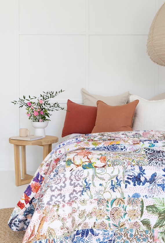 Kantha Quilt Indian Quilt Block Print Quilt Bedspread Bohemian Boho Cotton Throw Quilt Handmade Blanket Doona King Size Kq13 3