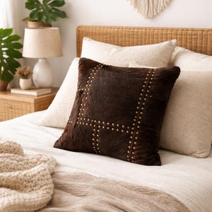 Studded Cowhide Leather Cushion Cover 40x40 | Premium Hide Front & Cotton Linen Back | Rustic Boho Throw Pillow image 3