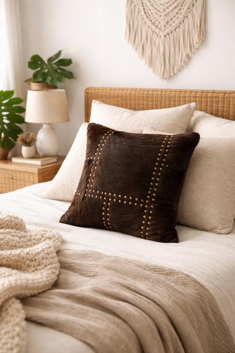 Studded Cowhide Leather Cushion Cover 40x40 | Premium Hide Front & Cotton Linen Back | Rustic Boho Throw Pillow image 3