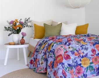 Floral Kantha Quilt: King Size Bohemian Cotton Bedspread Gift For Her Him Birthday Anniversary