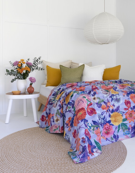 Kantha Quilt Indian Quilt Block Print Quilt Bedspread Bohemian Etsy