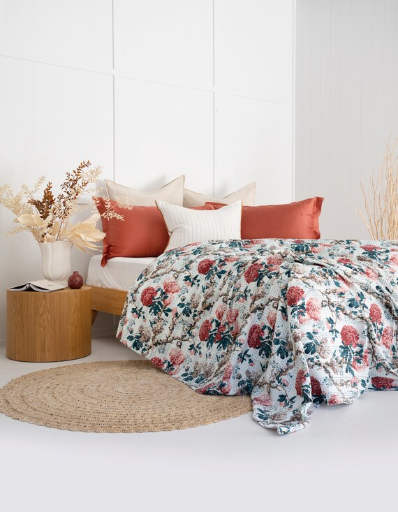 Handmade King Kantha Quilt: Block Print Cotton Bohemian Bedspread