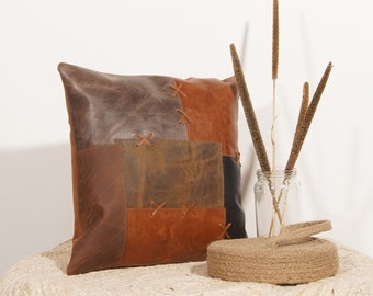 Patchwork Cowhide Leather Pillow Cover: Tan Vintage Cushion (50x50cm)