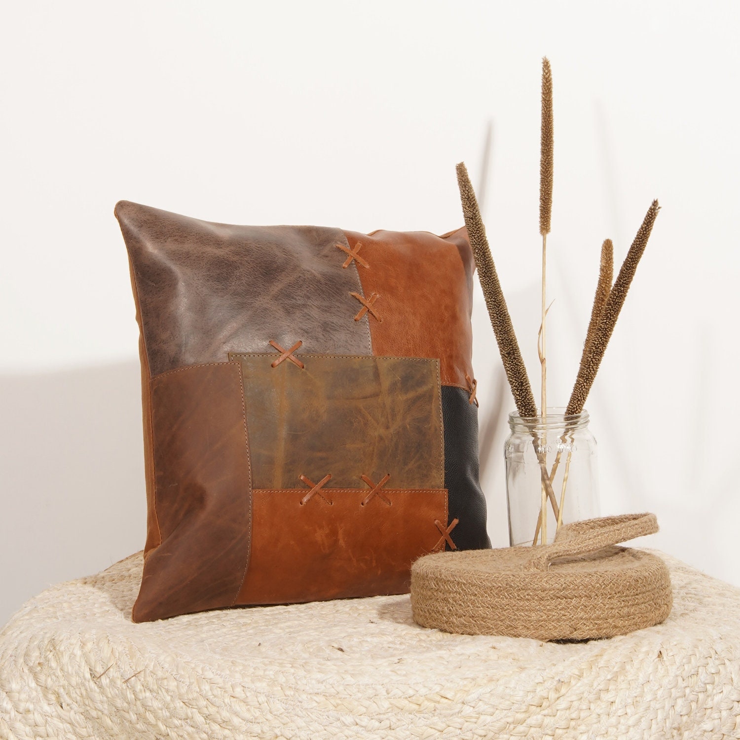 Leather and linen pillow sale