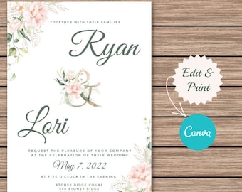 PRINTABLE Rose Floral Wedding Invitation, Wedding Invitation Template ...