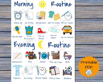 Op de afbeelding: Een kleurrijke, printbare dagelijkse routinekaart voor kinderen, met illustraties voor ochtend- en avondactiviteiten. Bevat afbeeldingen van een klok, tandenborstel, schoolbus en meer. De tekst luidt "Ochtend Routine" en "Avond Routine".