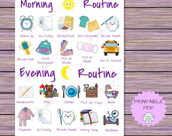 Op de afbeelding: Een kleurrijke, afdrukbare PDF-tabel met ochtend- en avondroutines. De tabel bevat illustraties van dagelijkse activiteiten zoals tandenpoetsen, ontbijten en naar school gaan. De tekst is paars en de illustraties zijn in heldere kleuren.