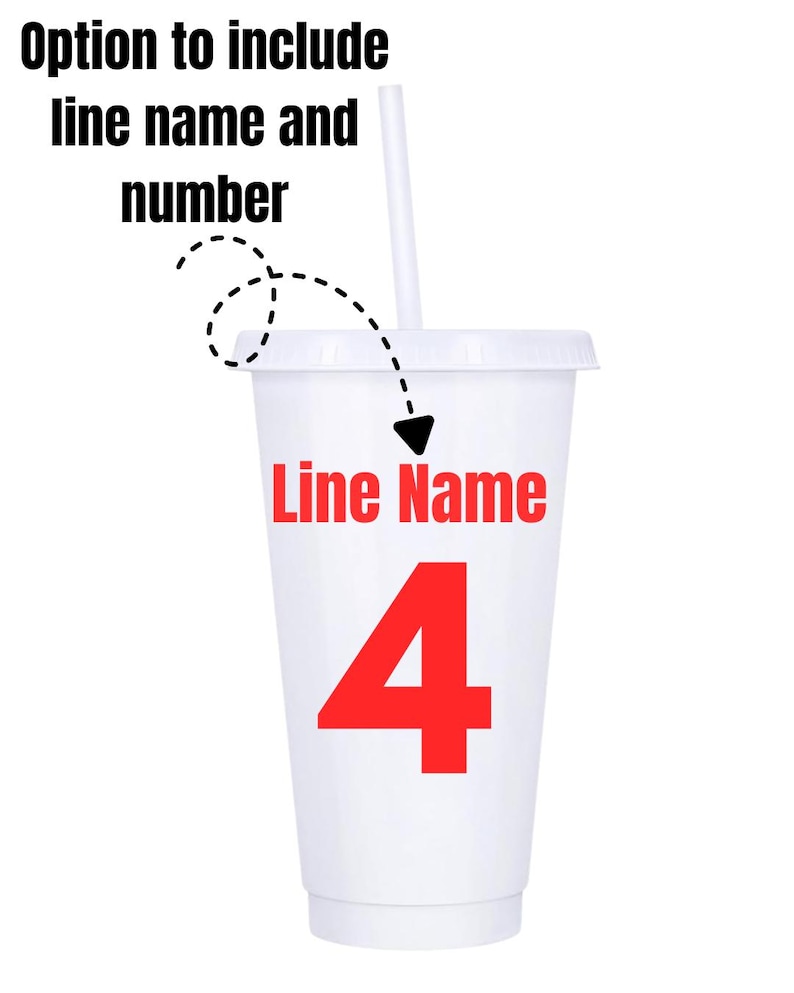 Puede incluir: Un vaso desechable blanco con tapa y pajita. La taza tiene las palabras "Line Name" en rojo, con el n&uacute;mero "4" debajo. Encima de la taza, el texto dice "Option to include line name and number."