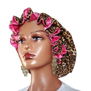 Cheetah/Leopard 100% Satin Lined Ruffle Bonnet | Large Adult Bonnet For Hair Protection