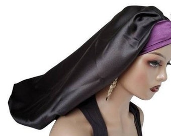 Satin Single Lined Hair Bonnet With Straps| Black/Purple One Layer Silk Bonnet For Hair Protection