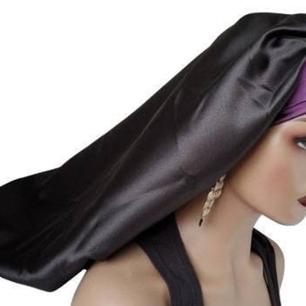 Bonnet en satin à doublure simple avec sangles | Bonnet en soie monocouche noir/violet pour la protection des cheveux