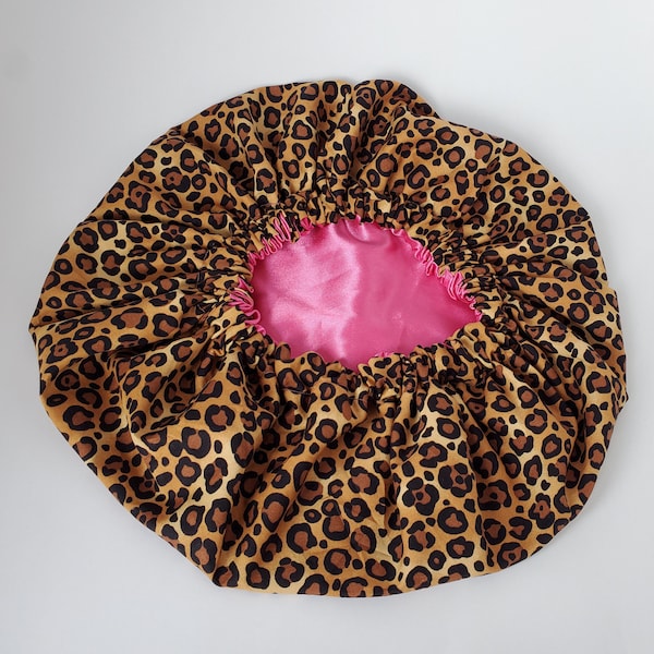 Cheetah/Leopard 100% Satin Lined Bonnet | Large Double Layer Adult Sleep Cap For Hair Protection